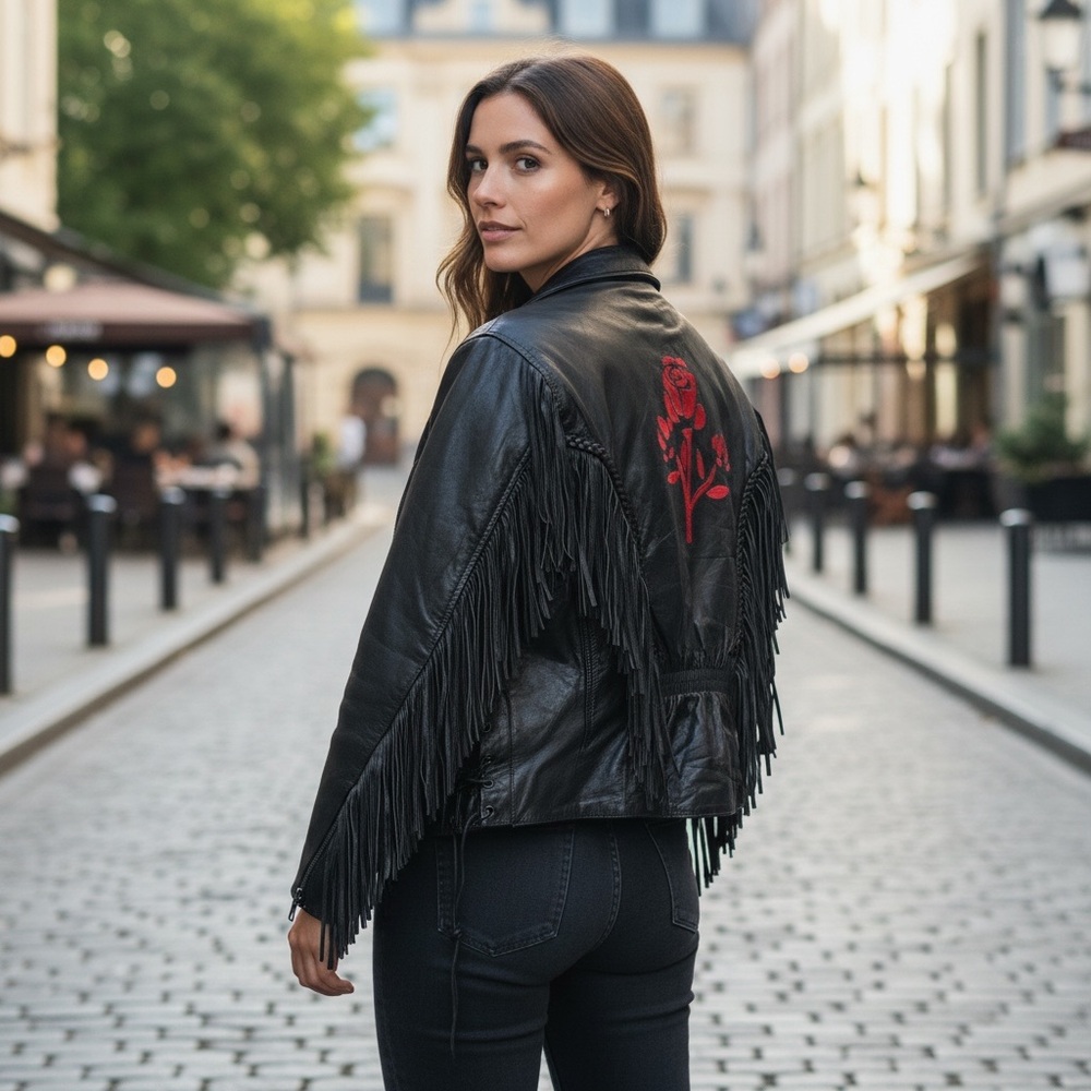 Vintage Leather Rose detail Fringe Bomber Moto Jacket Black Red Ladies Large